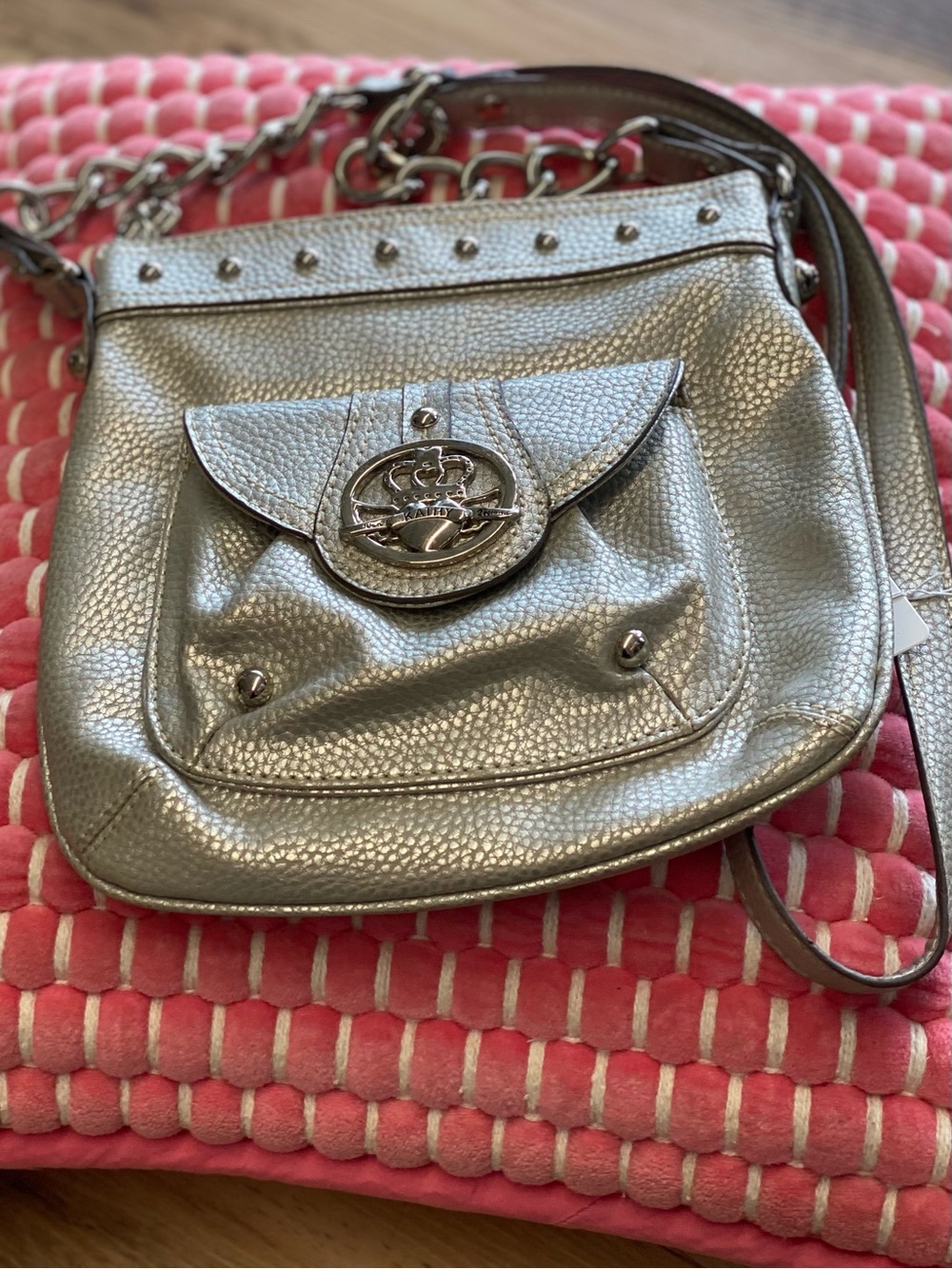 Kathy Silver Metallic Pebbled Leather Orb Front Flap Crossbody
